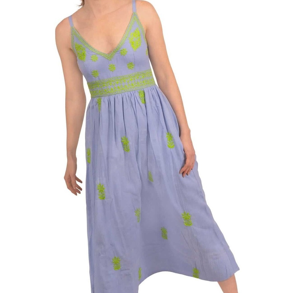 Gretchen Scott Designs Lavender Midi Dress with Lime Green Embroidery